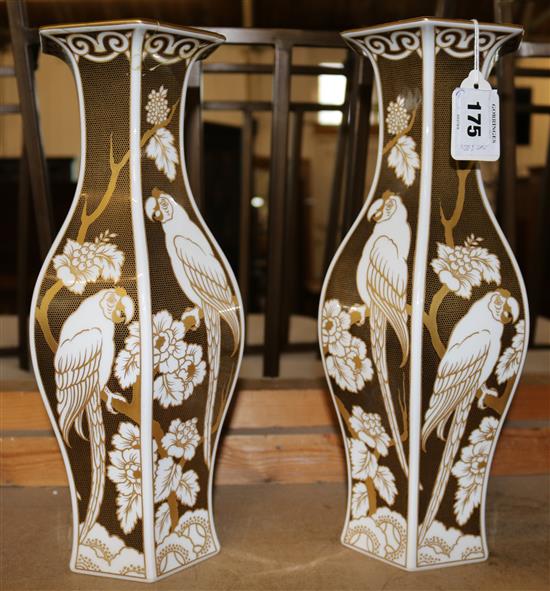A pair of Rosenthal Art Deco Papagei vases, c.1922, 35.3cm, one neck broken and re-stuck